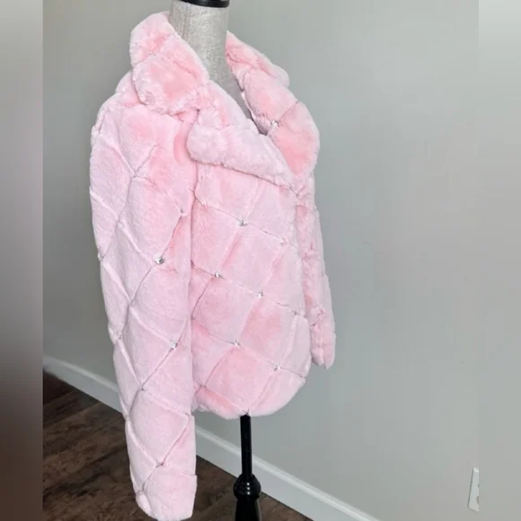 NYCO Pink Faux Fur Coat Quilted Embellished Jacket Barbie Bling Medium - Picture 12 of 14